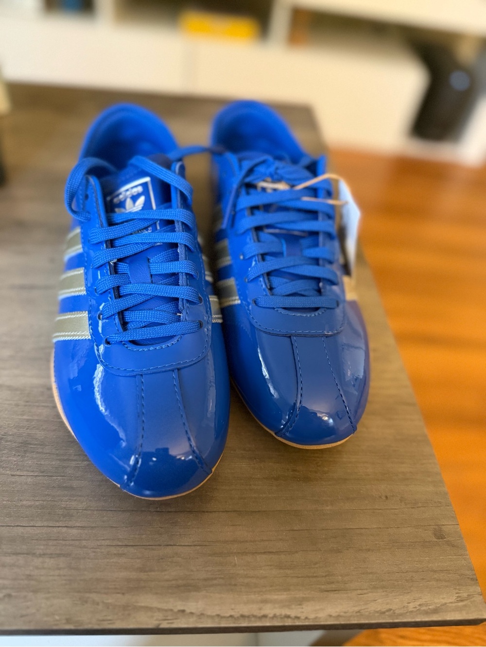 adidas Womens Electric Blue Patent Sneakers with Silver Stripes
